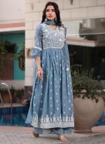Muslin Sea Blue Festival Wear Emboidery Work Readymade Anarkali Suit